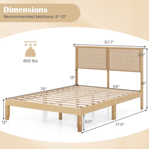 Gymax Twin/Full/Queen Size Bed Frame w/ Rattan Headboard 10 Solid Wood Legs & 12 Wooden Slats