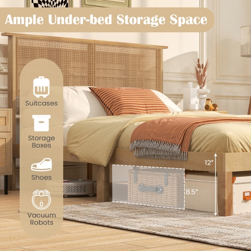 Gymax Twin/Full/Queen Size Bed Frame w/ Rattan Headboard 10 Solid Wood Legs & 12 Wooden Slats