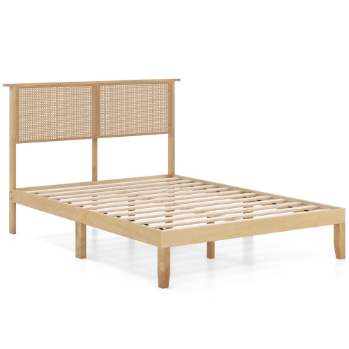 Gymax Twin/Full/Queen Size Bed Frame w/ Rattan Headboard 10 Solid Wood Legs & 12 Wooden Slats