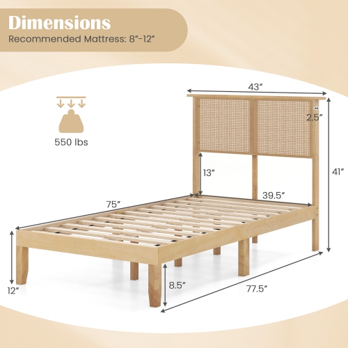 Gymax Twin/Full/Queen Size Bed Frame w/ Rattan Headboard 10 Solid Wood Legs & 12 Wooden Slats