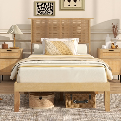 Gymax Twin/Full/Queen Size Bed Frame w/ Rattan Headboard 10 Solid Wood Legs & 12 Wooden Slats