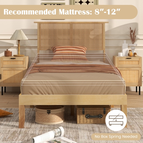 Gymax Twin/Full/Queen Size Bed Frame w/ Rattan Headboard 10 Solid Wood Legs & 12 Wooden Slats