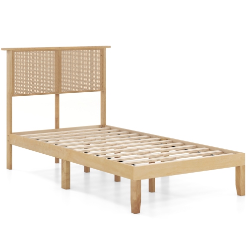 Gymax Twin/Full/Queen Size Bed Frame w/ Rattan Headboard 10 Solid Wood Legs & 12 Wooden Slats