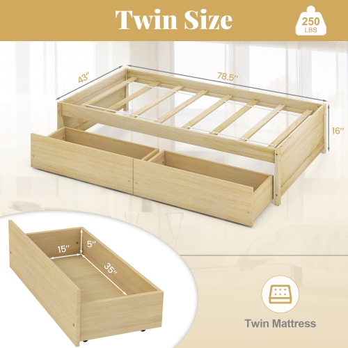 Gymax Twin Size Captain Bed w/ 2 Drawers Slats Support Twin Daybed Heavy Duty Wood Natural