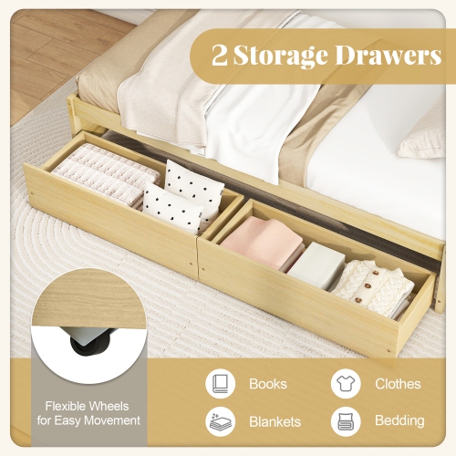 Gymax Twin Size Captain Bed w/ 2 Drawers Slats Support Twin Daybed Heavy Duty Wood Natural