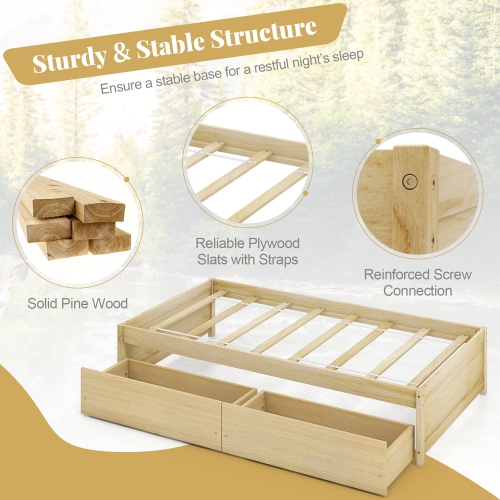 Gymax Twin Size Captain Bed w/ 2 Drawers Slats Support Twin Daybed Heavy Duty Wood Natural
