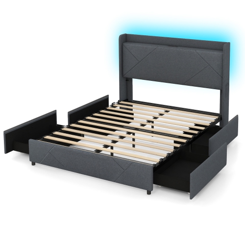Gymax Bed Frame w/LED Lights Charging Station 2 Storage Pockets & 4 Drawers