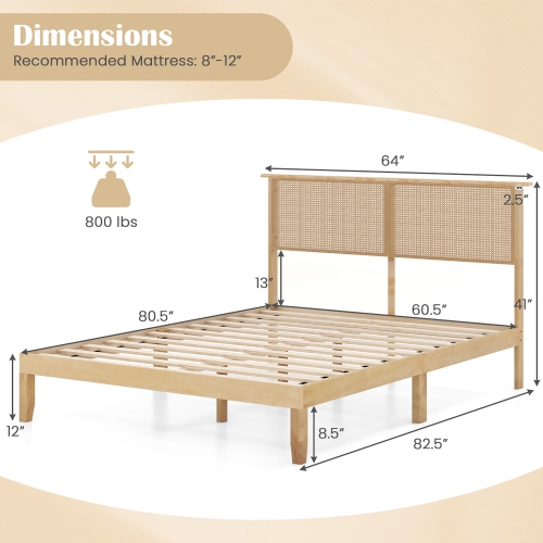 Gymax Twin/Full/Queen Size Bed Frame w/ Rattan Headboard 10 Solid Wood Legs & 12 Wooden Slats