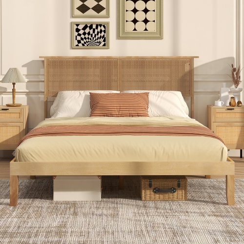 Gymax Twin/Full/Queen Size Bed Frame w/ Rattan Headboard 10 Solid Wood Legs & 12 Wooden Slats