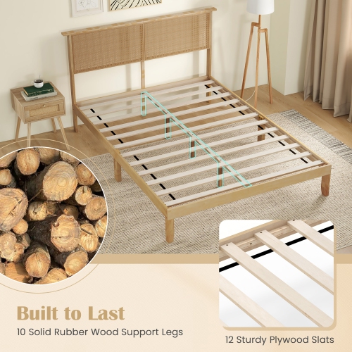 Gymax Twin/Full/Queen Size Bed Frame w/ Rattan Headboard 10 Solid Wood Legs & 12 Wooden Slats