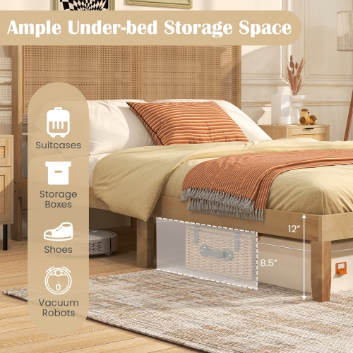 Gymax Twin/Full/Queen Size Bed Frame w/ Rattan Headboard 10 Solid Wood Legs & 12 Wooden Slats