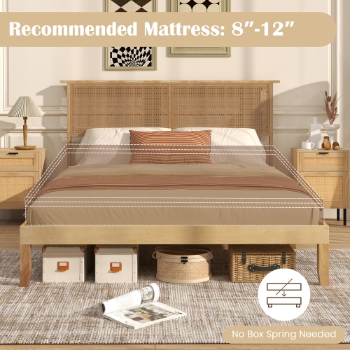 Gymax Twin/Full/Queen Size Bed Frame w/ Rattan Headboard 10 Solid Wood Legs & 12 Wooden Slats