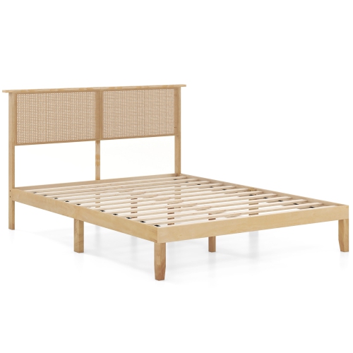 Gymax Twin/Full/Queen Size Bed Frame w/ Rattan Headboard 10 Solid Wood Legs & 12 Wooden Slats