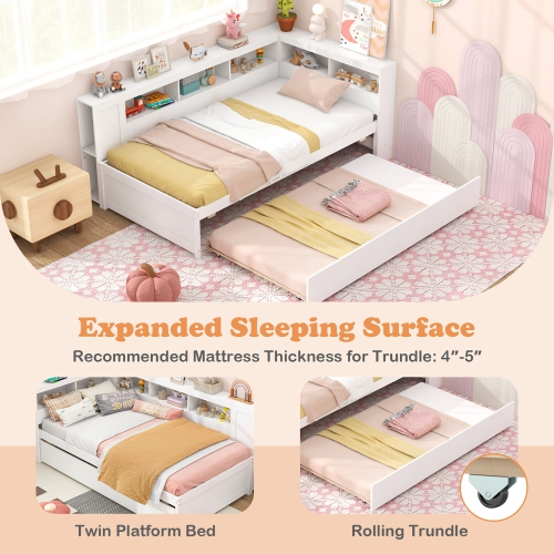 Gymax Twin Size Daybed w/ Trundle Bedside Shelves Reversible Bookcase Headboard