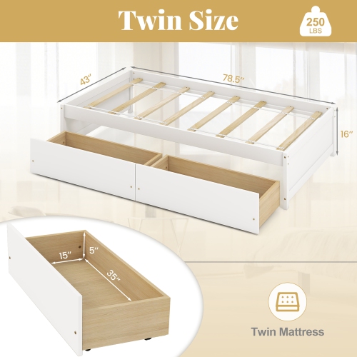 Gymax Twin Size Captain Bed w/ 2 Drawers Slats Support Twin Daybed Heavy Duty Wood White