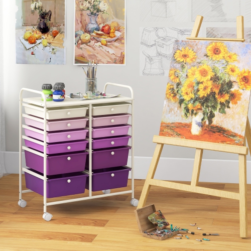 Gymax 12-Drawer Organizer Cart Rolling Storage Cart w/ 2 Sizes Plastic Drawers Purple