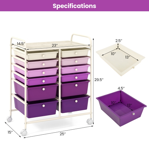 Gymax 12-Drawer Organizer Cart Rolling Storage Cart w/ 2 Sizes Plastic Drawers Purple