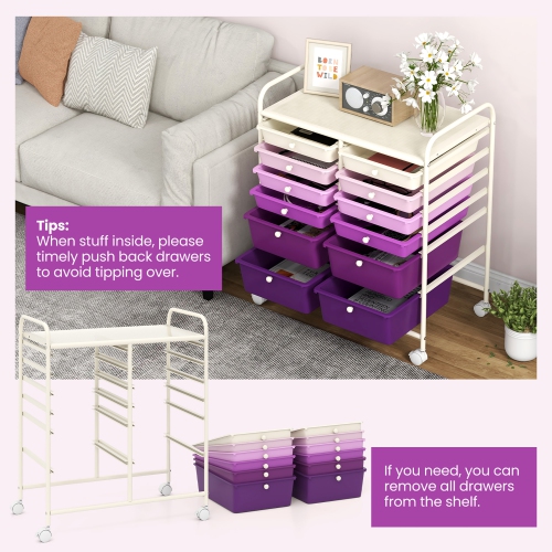 Gymax 12-Drawer Organizer Cart Rolling Storage Cart w/ 2 Sizes Plastic Drawers Purple