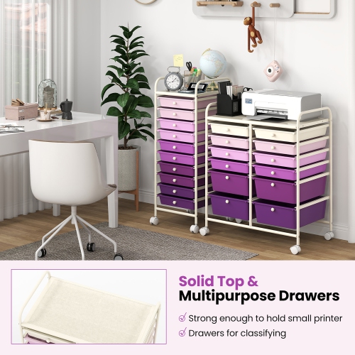 Gymax 12-Drawer Organizer Cart Rolling Storage Cart w/ 2 Sizes Plastic Drawers Purple