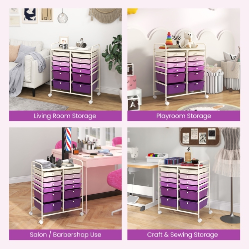 Gymax 12-Drawer Organizer Cart Rolling Storage Cart w/ 2 Sizes Plastic Drawers Purple