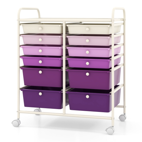 Gymax 12-Drawer Organizer Cart Rolling Storage Cart w/ 2 Sizes Plastic Drawers Purple