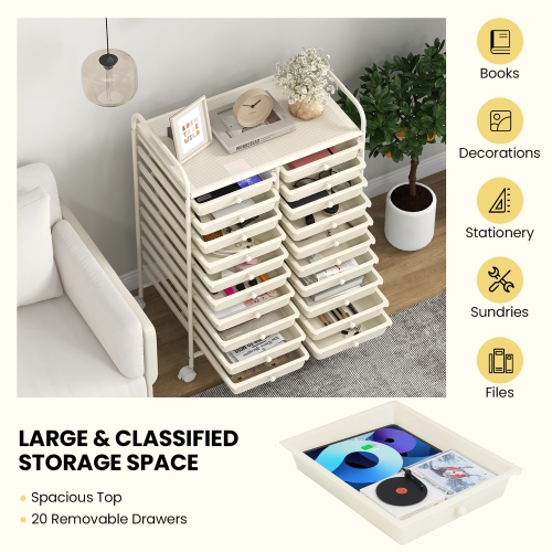 Gymax 20 Drawers Rolling Storage Cart Art Craft Organizer on Wheels Multipurpose White