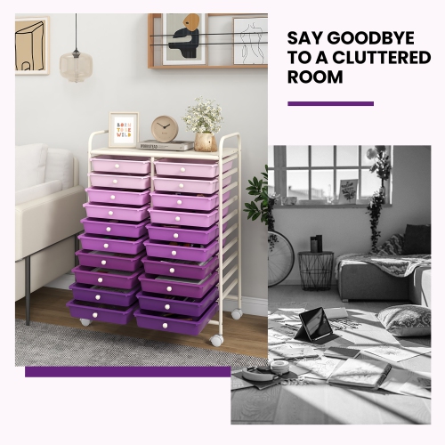 Gymax 20 Drawers Rolling Storage Cart Art Craft Organizer on Wheels Multipurpose Purple