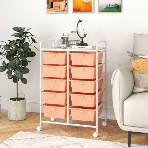Gymax 10-Drawer Storage Cart Utility Rolling Trolley Kitchen Organizer Skin Pink