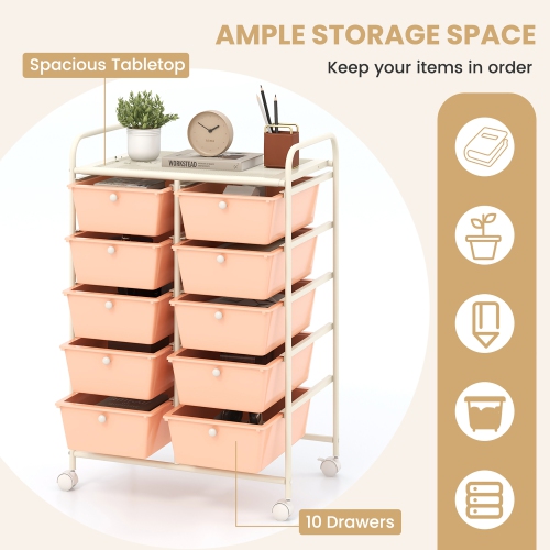 Gymax 10-Drawer Storage Cart Utility Rolling Trolley Kitchen Organizer Skin Pink