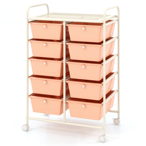Gymax 10-Drawer Storage Cart Utility Rolling Trolley Kitchen Organizer Skin Pink