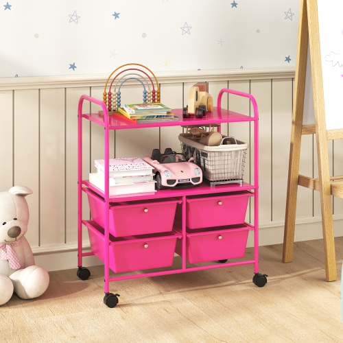 Gymax Rolling Storage Cart w/4 Drawers & 2 Shelves Multipurpose Plastic Trolley on Pink