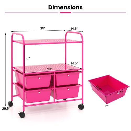 Gymax Rolling Storage Cart w/4 Drawers & 2 Shelves Multipurpose Plastic Trolley on Pink