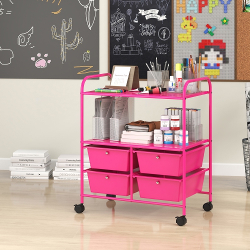 Gymax Rolling Storage Cart w/4 Drawers & 2 Shelves Multipurpose Plastic Trolley on Pink