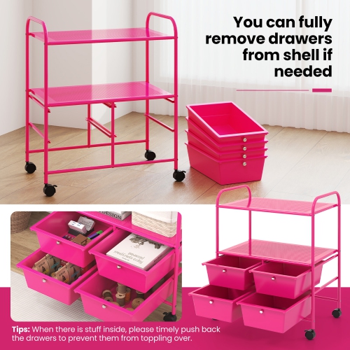 Gymax Rolling Storage Cart w/4 Drawers & 2 Shelves Multipurpose Plastic Trolley on Pink