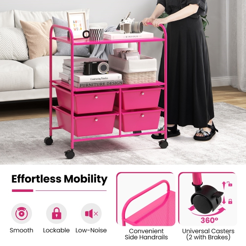 Gymax Rolling Storage Cart w/4 Drawers & 2 Shelves Multipurpose Plastic Trolley on Pink