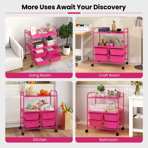 Gymax Rolling Storage Cart w/4 Drawers & 2 Shelves Multipurpose Plastic Trolley on Pink