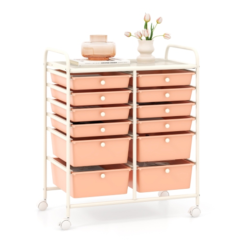 Gymax 12-Drawer Rolling Storage Cart w/ 2 Sizes Plastic Drawers Skin Pink