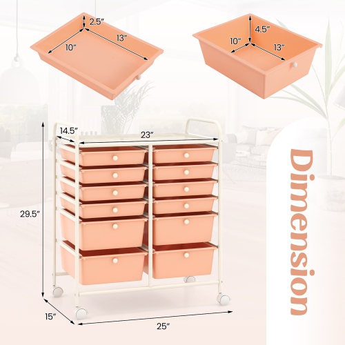 Gymax 12-Drawer Rolling Storage Cart w/ 2 Sizes Plastic Drawers Skin Pink