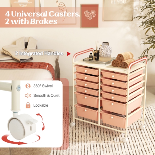 Gymax 12-Drawer Rolling Storage Cart w/ 2 Sizes Plastic Drawers Skin Pink