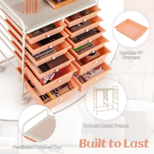 Gymax 12-Drawer Rolling Storage Cart w/ 2 Sizes Plastic Drawers Skin Pink