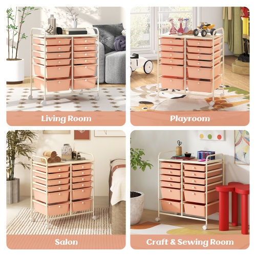 Gymax 12-Drawer Rolling Storage Cart w/ 2 Sizes Plastic Drawers Skin Pink