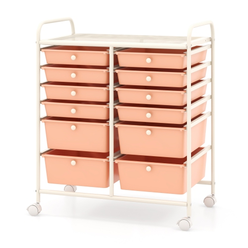 Gymax 12-Drawer Rolling Storage Cart w/ 2 Sizes Plastic Drawers Skin Pink