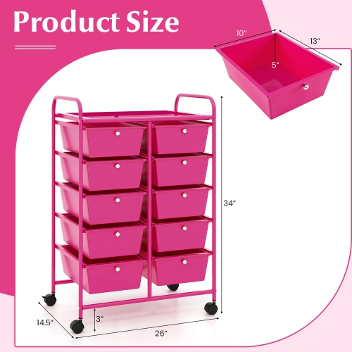 Gymax 10-Drawer Storage Cart Utility Rolling Trolley Kitchen Organizer Hot Pink