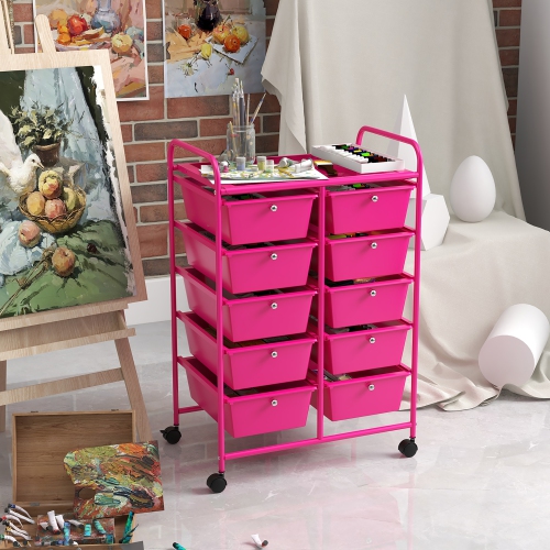 Gymax 10-Drawer Storage Cart Utility Rolling Trolley Kitchen Organizer Hot Pink