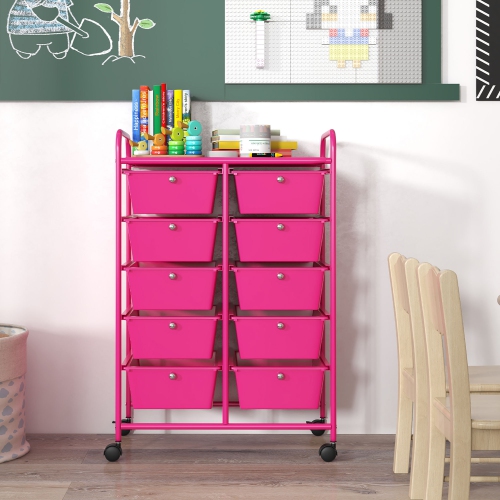 Gymax 10-Drawer Storage Cart Utility Rolling Trolley Kitchen Organizer Hot Pink