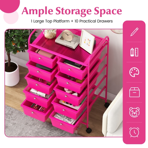 Gymax 10-Drawer Storage Cart Utility Rolling Trolley Kitchen Organizer Hot Pink