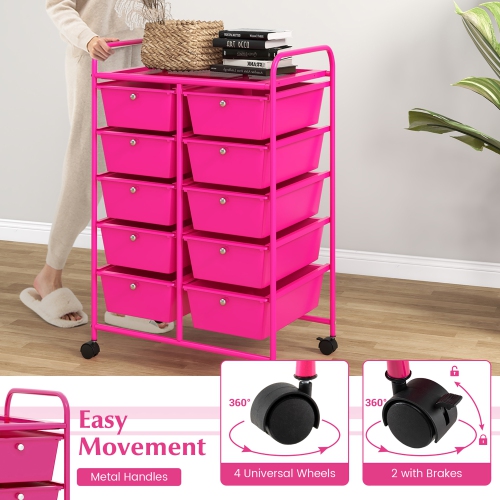 Gymax 10-Drawer Storage Cart Utility Rolling Trolley Kitchen Organizer Hot Pink