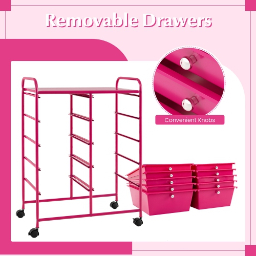 Gymax 10-Drawer Storage Cart Utility Rolling Trolley Kitchen Organizer Hot Pink