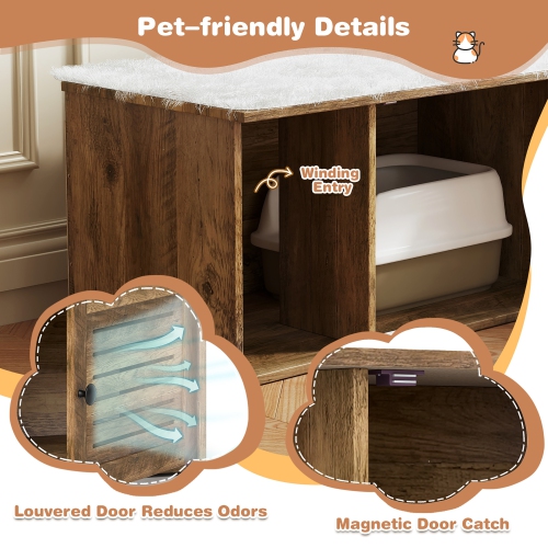 Gymax Cat Litter Box Enclosure w/ Winding Entry Louvered Door Wooden Pet Side Table