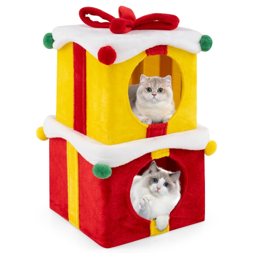 GYMAX  2-Storey Cute Christmas Cat House W/ Bow 2 Condos Indoor Cat Furniture Modern